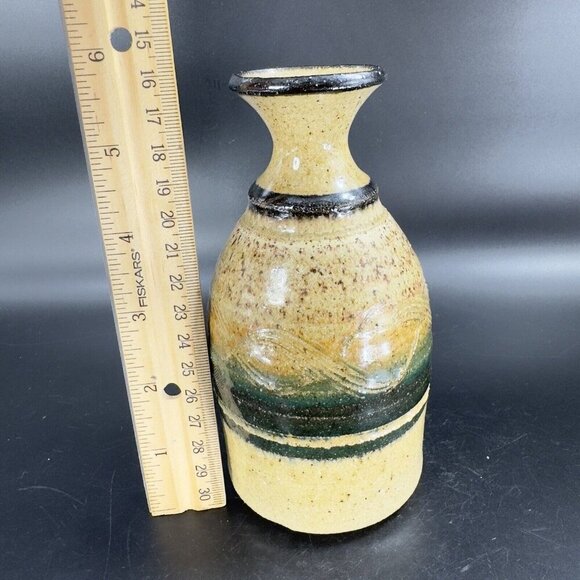 Studio Art Pottery Vase Bottle Shaped Vessel Hand Made Yellow Glazed Carved VTG - Picture 4 of 13